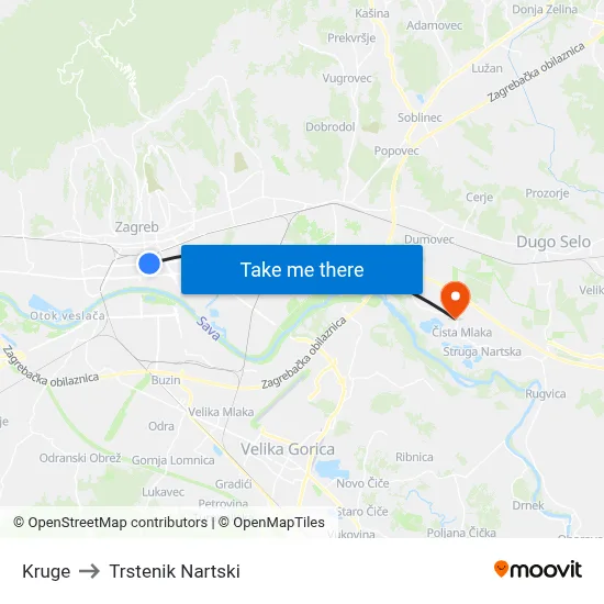 Kruge to Trstenik Nartski map