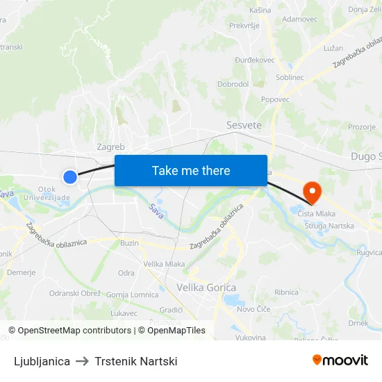 Ljubljanica to Trstenik Nartski map