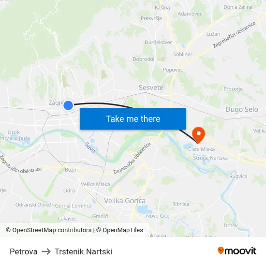 Petrova to Trstenik Nartski map