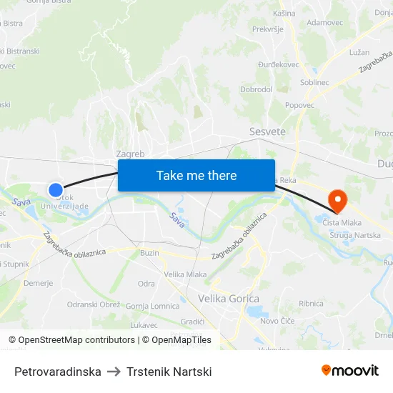 Petrovaradinska to Trstenik Nartski map