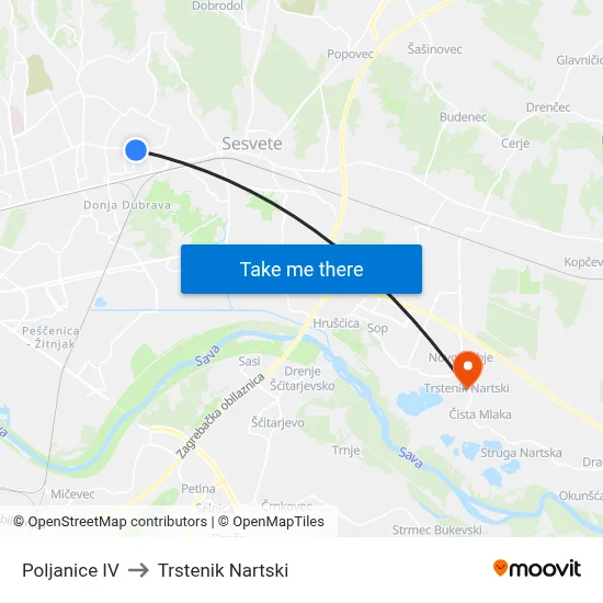 Poljanice IV to Trstenik Nartski map