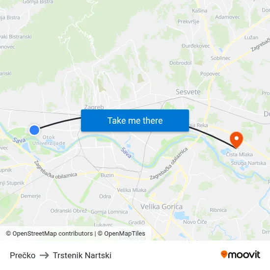 Prečko to Trstenik Nartski map