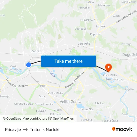 Prisavlje to Trstenik Nartski map