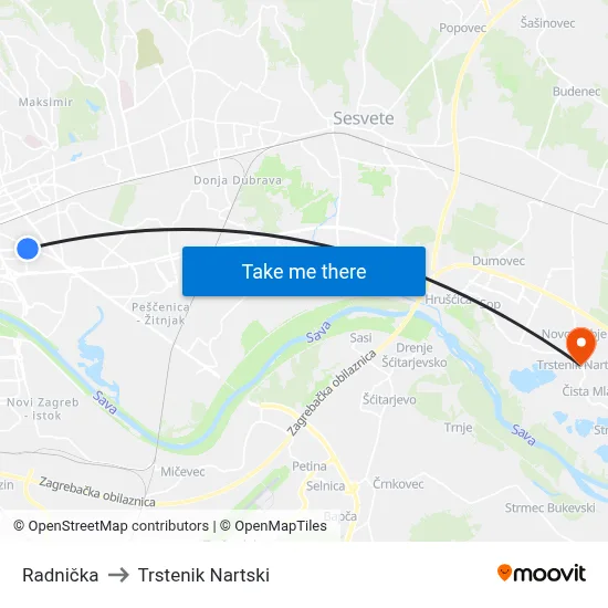 Radnička to Trstenik Nartski map