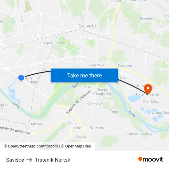 Savišće to Trstenik Nartski map