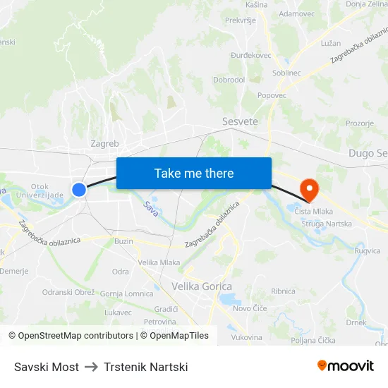 Savski Most to Trstenik Nartski map