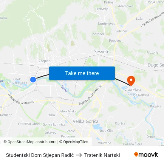 Studentski Dom Stjepan Radić to Trstenik Nartski map