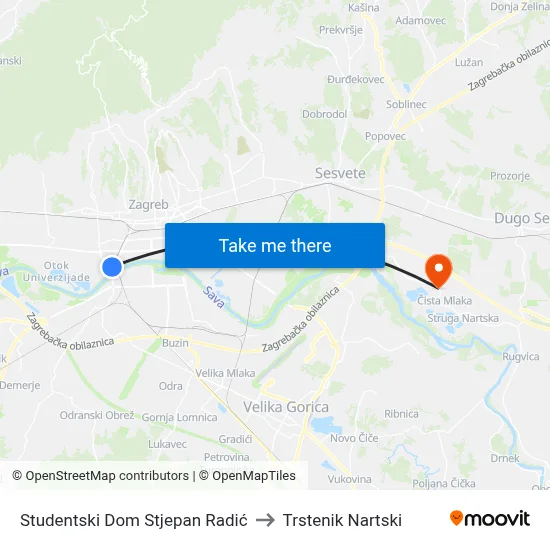 Studentski Dom Stjepan Radić to Trstenik Nartski map
