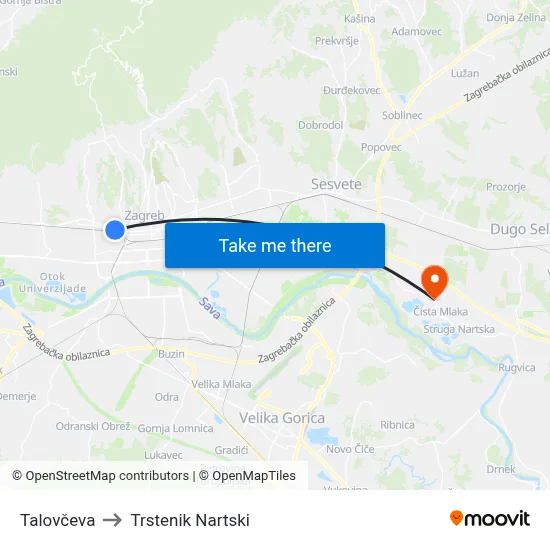 Talovčeva to Trstenik Nartski map