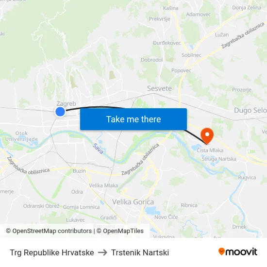Trg Republike Hrvatske to Trstenik Nartski map