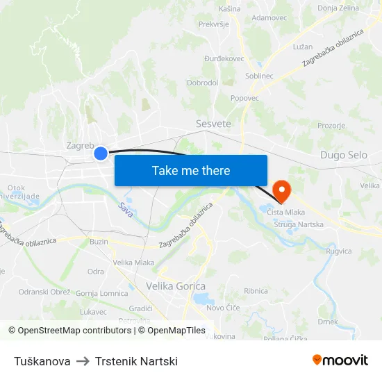 Tuškanova to Trstenik Nartski map