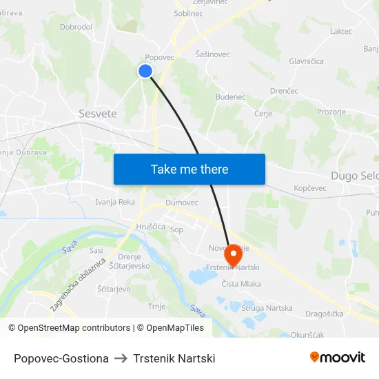 Popovec-Gostiona to Trstenik Nartski map