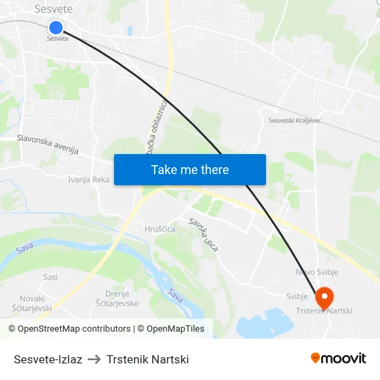Sesvete-Izlaz to Trstenik Nartski map
