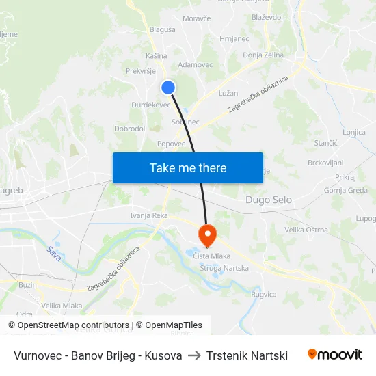 Vurnovec - Banov Brijeg - Kusova to Trstenik Nartski map