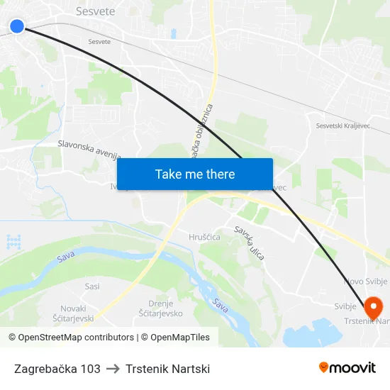 Zagrebačka 103 to Trstenik Nartski map