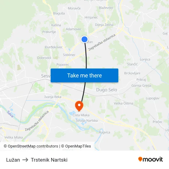 Lužan to Trstenik Nartski map