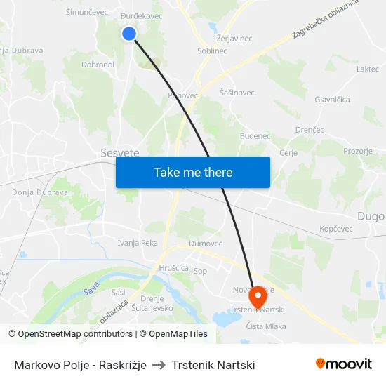 Markovo Polje - Raskrižje to Trstenik Nartski map