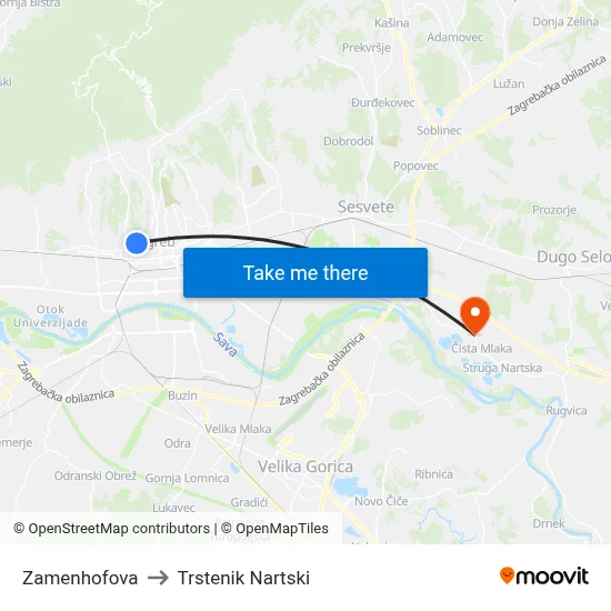 Zamenhofova to Trstenik Nartski map