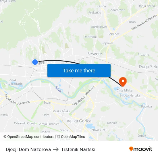 Dječji Dom Nazorova to Trstenik Nartski map