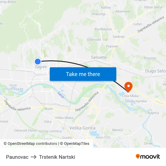 Paunovac to Trstenik Nartski map