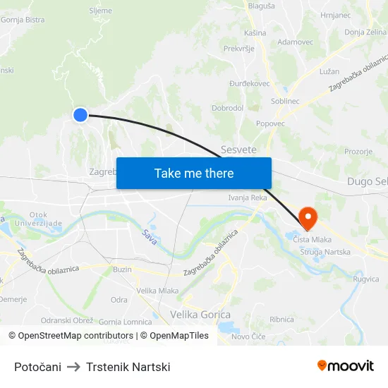 Potočani to Trstenik Nartski map
