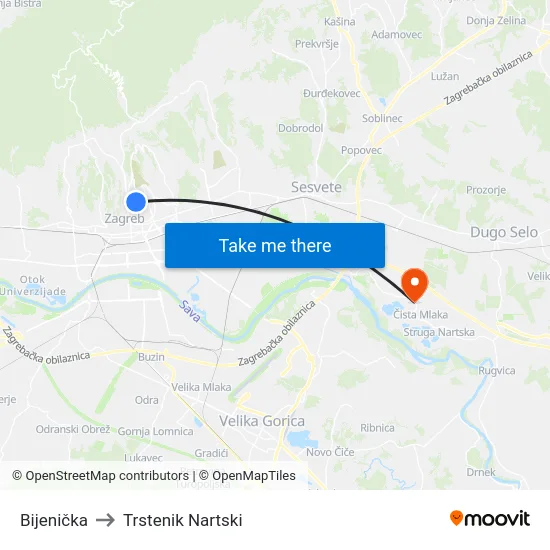 Bijenička to Trstenik Nartski map