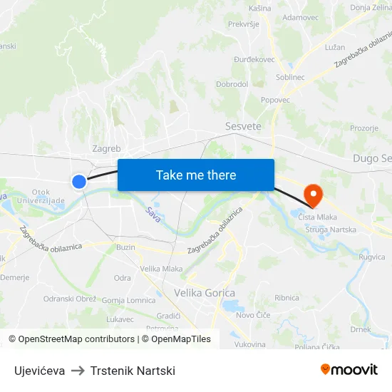 Ujevićeva to Trstenik Nartski map