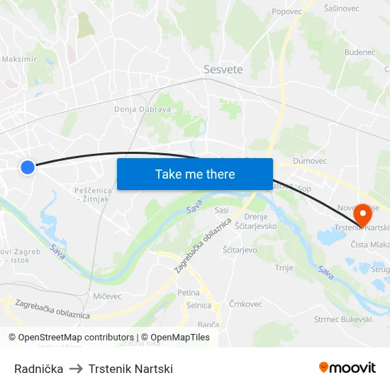 Radnička to Trstenik Nartski map