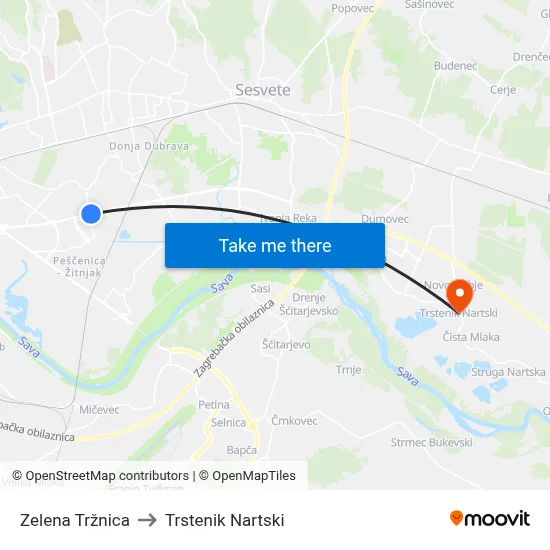 Zelena Tržnica to Trstenik Nartski map