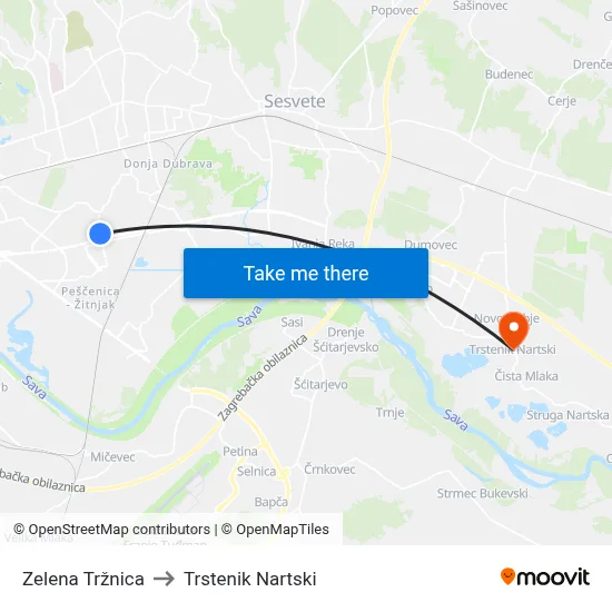 Zelena Tržnica to Trstenik Nartski map