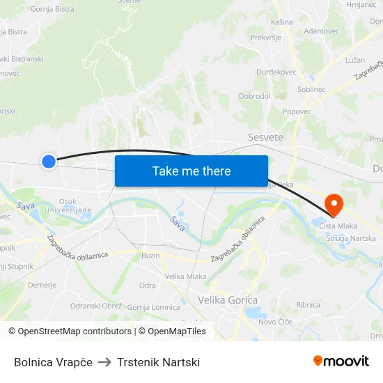 Bolnica Vrapče to Trstenik Nartski map