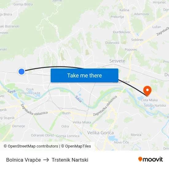 Bolnica Vrapče to Trstenik Nartski map