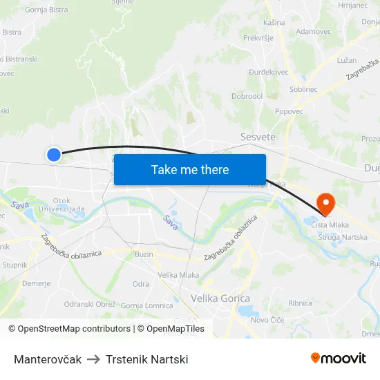 Manterovčak to Trstenik Nartski map