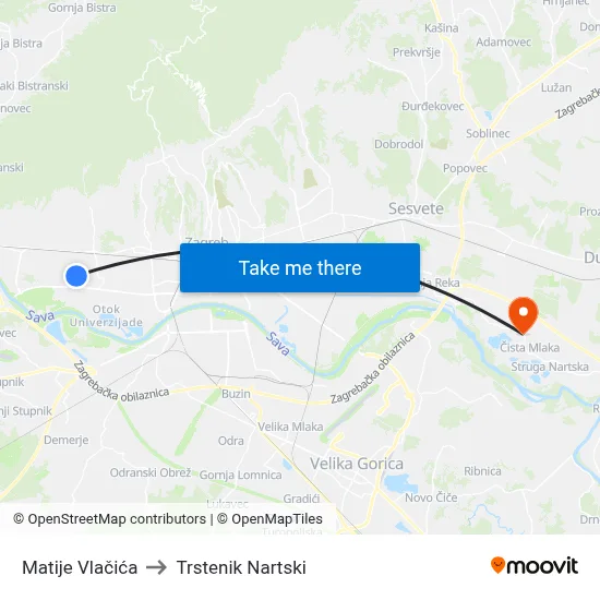 Matije Vlačića to Trstenik Nartski map