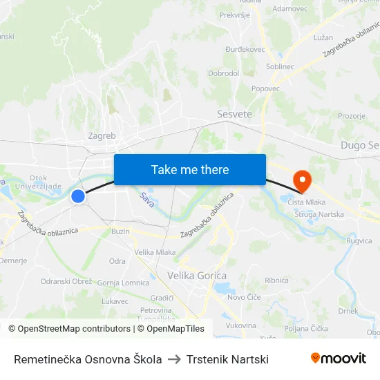 Remetinečka Osnovna Škola to Trstenik Nartski map