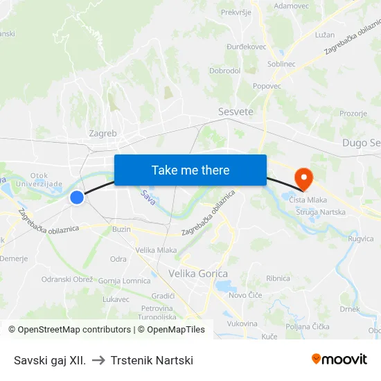 Savski gaj XII. to Trstenik Nartski map