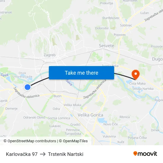 Karlovačka 97 to Trstenik Nartski map