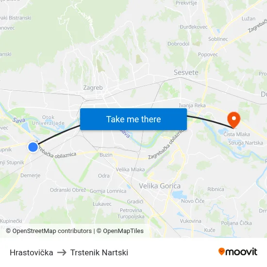 Hrastovička to Trstenik Nartski map