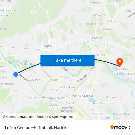 Lučko-Centar to Trstenik Nartski map