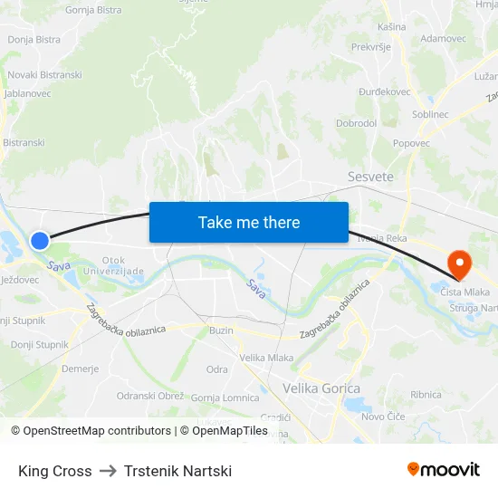 King Cross to Trstenik Nartski map