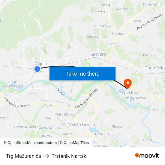 Trg Mažuranića to Trstenik Nartski map