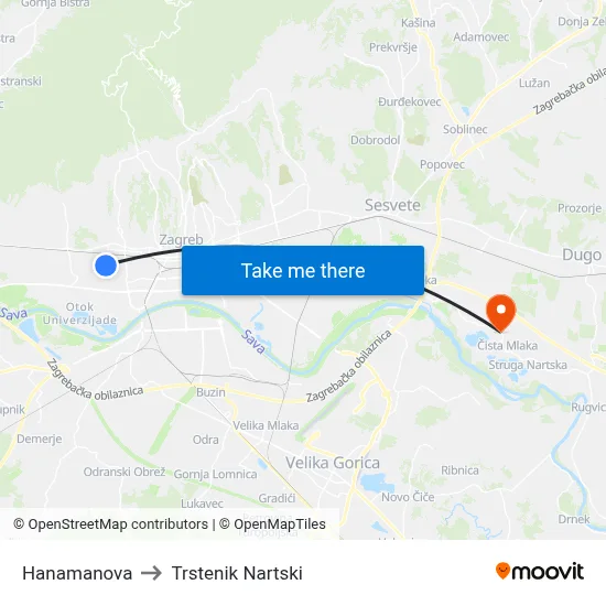 Hanamanova to Trstenik Nartski map