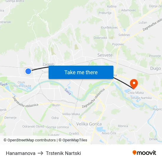Hanamanova to Trstenik Nartski map