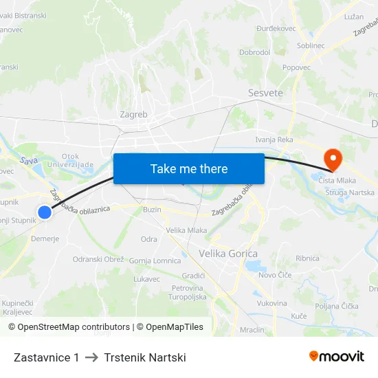 Zastavnice 1 to Trstenik Nartski map