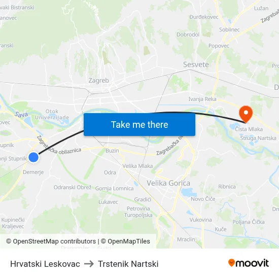 Hrvatski Leskovac to Trstenik Nartski map