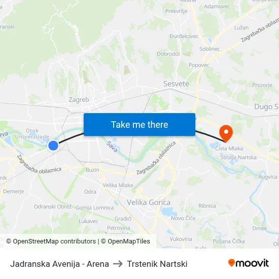 Jadranska Avenija - Arena to Trstenik Nartski map