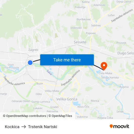 Kockica to Trstenik Nartski map