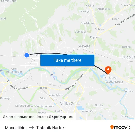 Mandaličina to Trstenik Nartski map