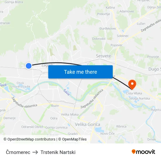 Črnomerec to Trstenik Nartski map