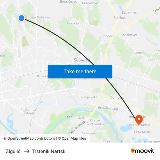 Žigulići to Trstenik Nartski map